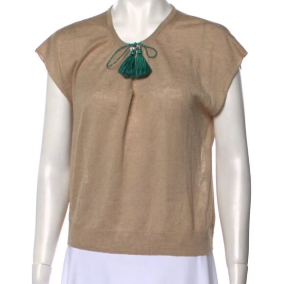 Zadig & Voltaire Linen/Silk Top Camel Tassel Short Sleeve with V-Neck XS ($250) - Picture 1 of 5